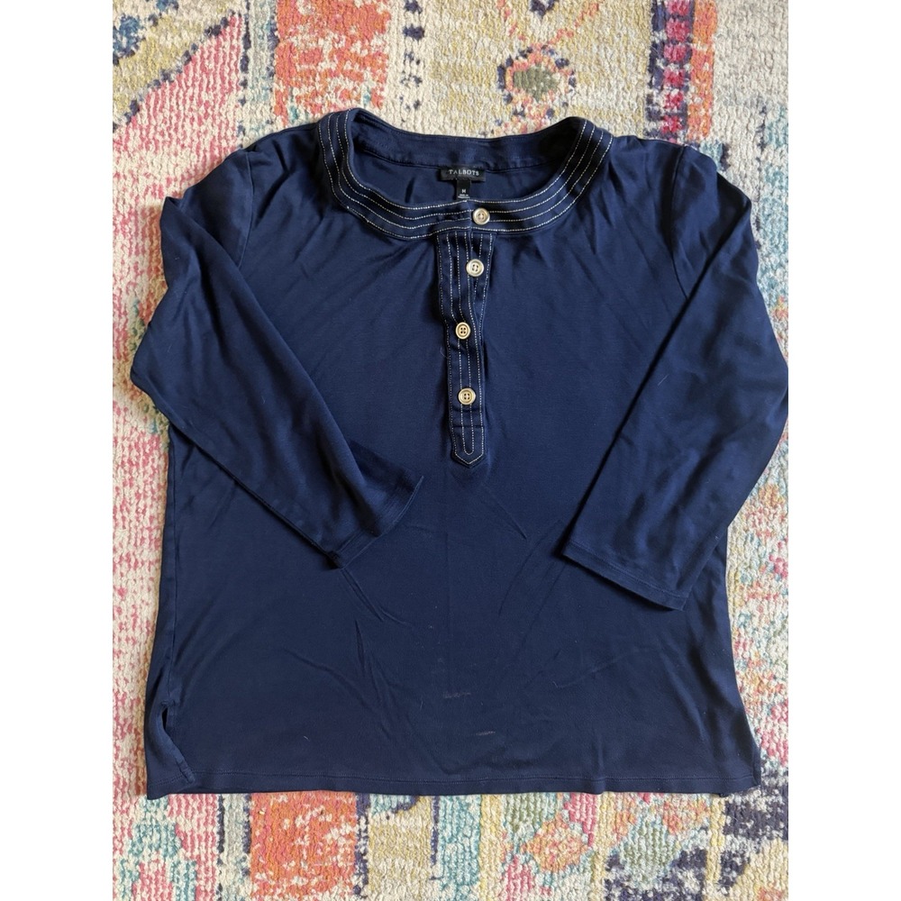 Talbot Womens Medium  Navy Blue Henley 3/4 Sleeve Coastal Casual